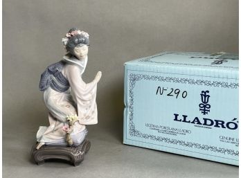 1984 Lladro Geosha Girl With Kimono And Basket Of Flowers In Original Box, Repaired