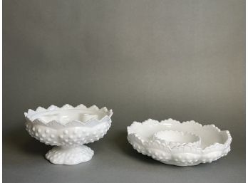 Fenton Hobnail Milk Glass Candle Holder And Dip Dish