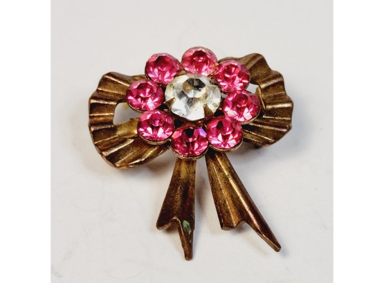 Antique Rose Gold Tone Copper Rhine Stone Vintage Pin