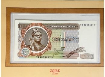 Zaire - 1 Zaire Uncirculated Foreign Paper Money Sealed With Info/ History Card