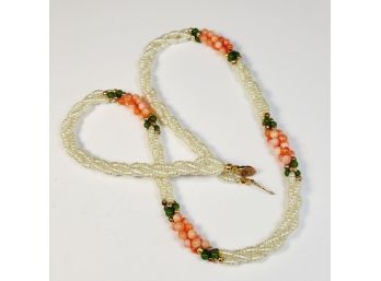 Vintage Double Braided Faux Pearl Orange Beaded Necklace