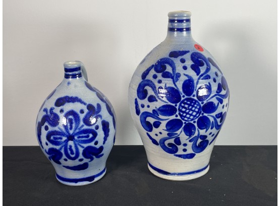 TWO BLUE DECORATED STONEWARE JUGS