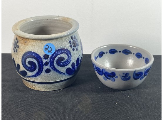 TWO BLUE DECORATED STONEWARE PIECES