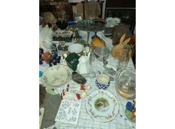 TABLE LOT OF ANTIQUES, PORCELAIN, SILVERPLATE, AND MORE