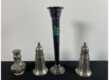 THREE STERLING SALT AND PEPPER SHAKERS WITH SILVERPLATED TRUMPET VASE