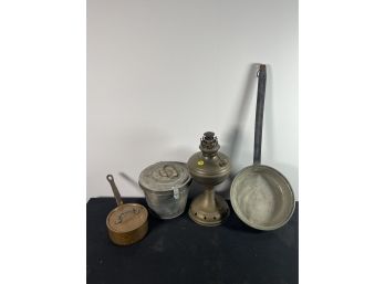 LOT FO COPPER PANS, OIL LAMP, AND CAKE MOLD