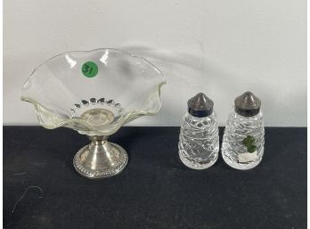 WATERFORD CRYSTAL SALT AND PEPPER SHAKERS TOGETHER WITH A WEIGHTED STERLING AND GLASS BONBON