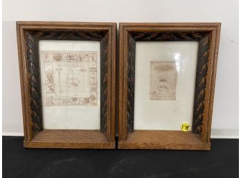TWO SMALL ETCHINGS IN CARVED OAK FRAMES