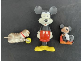 TWO VINTAGE MICKEY MOUSE TOYS WITH A TIN LITHO CAT