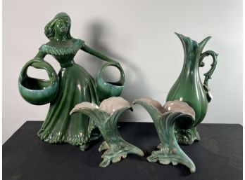 TWO STANGL CORNUCOPIA VASES AND TWO OTHER GREEN PIECES OF POTTERY