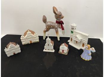 SMALL REDWARE PAINTED CHURCHES AND REINDEER