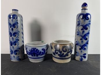 FOUR PIECES BLUE DECORATED STONEWARE, TWO BOTTLES AND TWO BOWLS