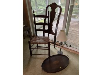 ANTIQUE TRAY, IRON CANDELABRA, AND A LADDERBACK CHAIR