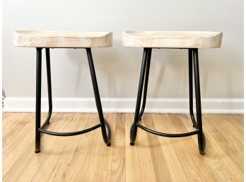 Pair Of Rustic Wood And Metal Counter Stools