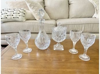 Group Of Imperial Estate Crystal Stems With Decanter And Lidded Candy Dish