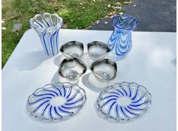 Group Of Blue And Gray Table Top Glass Objects