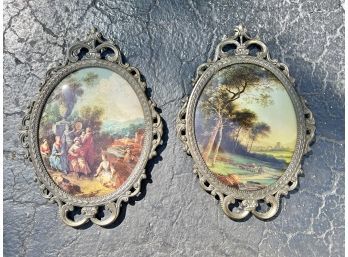 Vintage Pair Of Italian Brass Ornate Frames With Oval Glass - Made In Italy