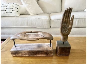 Pair Of Distressed Wood Hand Sculptures