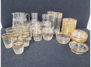 Large Vintage Assortment Of Clear Glass With Gold Leaf Band Drinkware, Pitchers, Carafes & Bowls