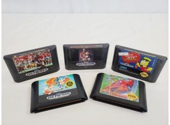 Five Vintage SEGA Genesis Game Cartridges-Simpsons, Tengen, Sonic 2, Holyfield, NFL