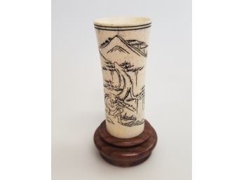 Small Vintage Japanese Etched Bone Cylinder  Vase With Wood Base