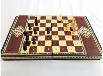 Vintage Small Travel Size Spanish Inlay Wooden Chess Set With Storage Drawers
