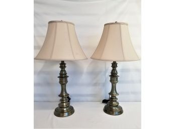 Two Brushed Brass 23' Contemporary Table Laps With Cloth Shades