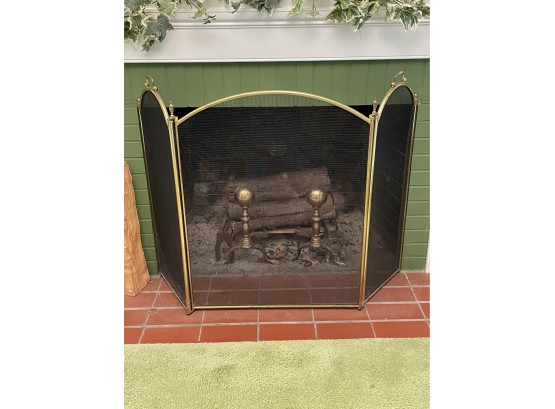 Pair Of Brass Andirons With Fireplace Screen