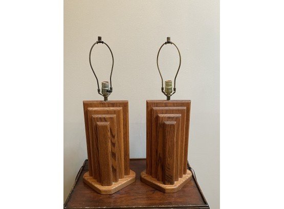 Pair Of Vintage Mid Century Wooden Panel Table Lamps