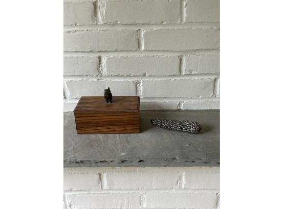 Wooden Box With Owl Handle And Metal Corn Cob