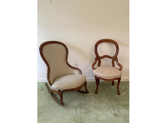 Lot Of 2 Chairs Antique Rocking Chair And Chair Similarly Upholstered