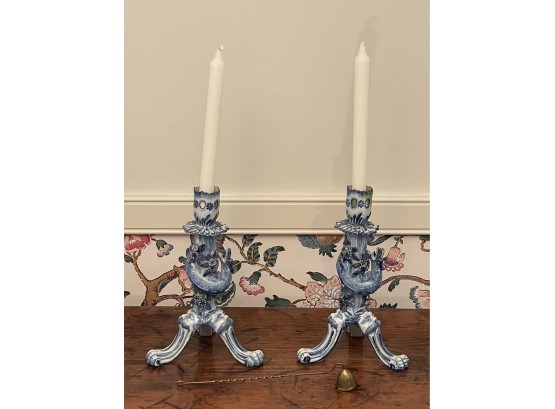 Pair Of Decorative Candle Holders Candlesticks Blue And White