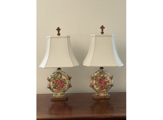 Pair Of Vintage Floral Ceramic Lamps