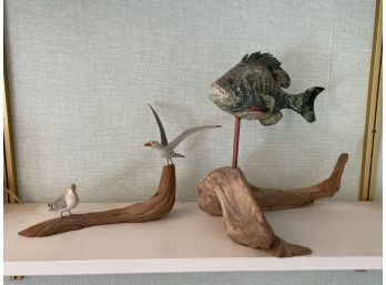 Seagull And Fish Figurines On Driftwood