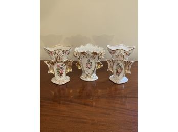 Lot Of 3 Gold And White Floral Vases
