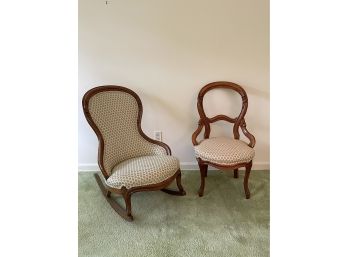 Lot Of 2 Chairs Antique Rocking Chair And Chair Similarly Upholstered