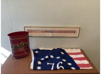 American Lot - Flag Eagle Waste Paper Basket And Bob Holloway Framed Flag Fountain Pen