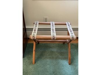 Vintage Wooden Luggage Rack Stand W Needlepoint Straps