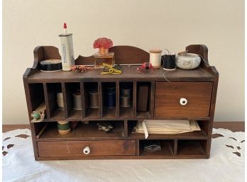 Wooden Wall Hanging Sewing Shelf And Contents