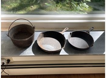 Pair Of Cast Iron Skillets Number 8 With Kettle Pot