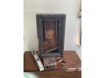 Antique Shelf Clock Parts Including Wooden Movement