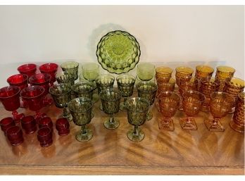 Mid Century Glassware Including Fostoria Red Swirl, 39 Pieces