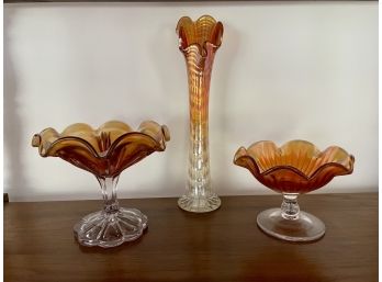 Vintage Orange Carnival Glass Vase & Footed Vessels