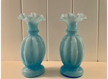 Pair Of Vintage Fenton Aqua Blue Ribbon Edge Fluted Vases
