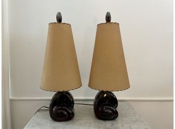Pair Of Sanguine Colored Mid Century Lamps With Parchment Shades