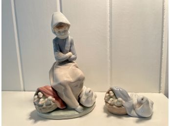Lladro Duck Seller Porcelain Figure & Lladro Porcelain Ducklings In Basket