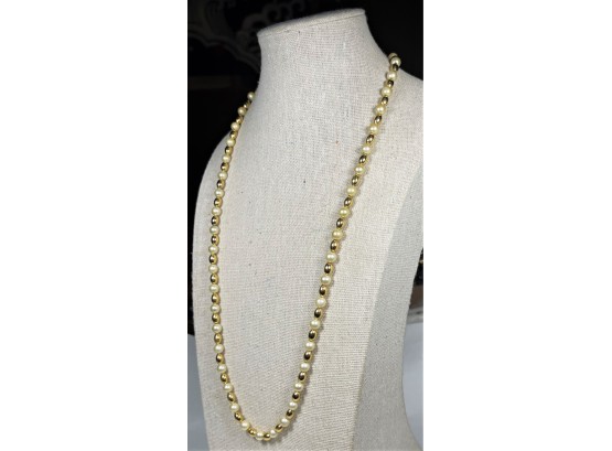 Signed Napier Gold Tone Faux Pearl Elongated Necklace
