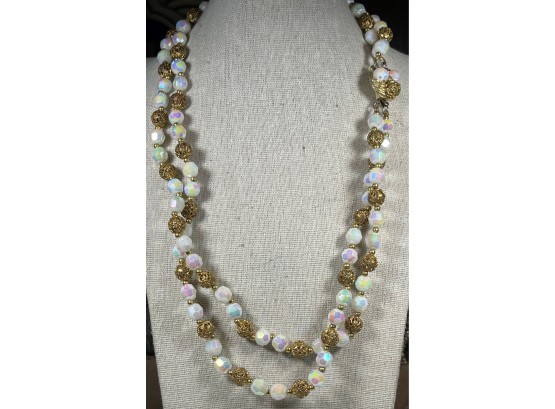 Vintage Double Strand Glass And Gold Tone Beaded Iridescent  Necklace