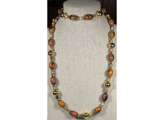 Fall Colors Plastic And Gold Tone Beaded Signed Napier Necklace 1980s 30' Long