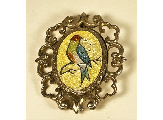 Victorian Brooch With Enamel Bird On Branch Guilloche Gold Plated Brass
